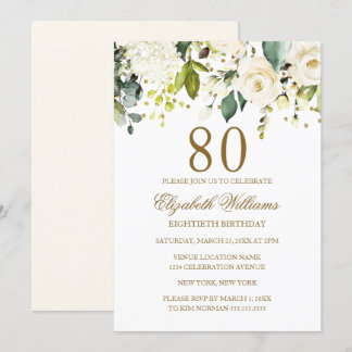 White Floral Gold Confetti 80. Geburtstag Einladung