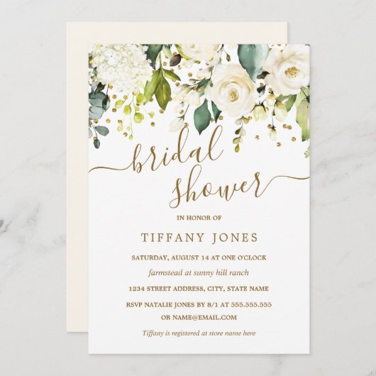 White Floral Gold Confetti Brautparty Einladung (Vorne/Hinten)