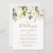 White Floral Gold Confetti Wedding Einladung (Vorderseite)