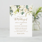White Floral Gold Confetti Wedding Einladung (Stehend Vorderseite)