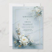 White Floral Gold Frame Marble Texture Wedding Einladung (Vorderseite)