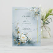 White Floral Gold Frame Marble Texture Wedding Einladung (Stehend Vorderseite)