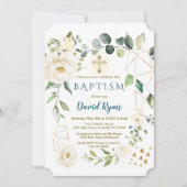 White Floral Gold Geometric Cross Boy Taufe Einladung (Vorderseite)