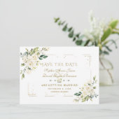 White Floral Gold Glitzer Frame Confetti Wedding Save The Date (Stehend Vorderseite)