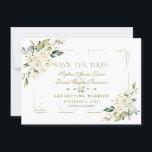 White Floral Gold Glitzer Frame Confetti Wedding Save The Date<br><div class="desc">Elegantes Kartendesign mit zarten, weißen Blume-Ecken in Aquarellfarbe, einem vergoldeten Rahmen aus Imitat, einem Blumenspalte auf weißem Hintergrund. Auf der Rückseite die gleichen Blume Bouquets auf weißem Hintergrund. Verwenden Sie das Tool Personalize, um Ihre Informationen hinzuzufügen, Schriftart zu ändern, die Farben des Schriftartes zu ändern. Für passende Artikel, besuchen Sie...</div>