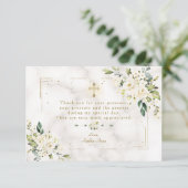 White Floral Gold Glitzer Rahmen Marmor Taufe Dankeskarte (Stehend Vorderseite)