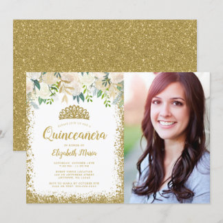 White Floral Gold Glitzern Tiara Quinceanera Foto Einladung