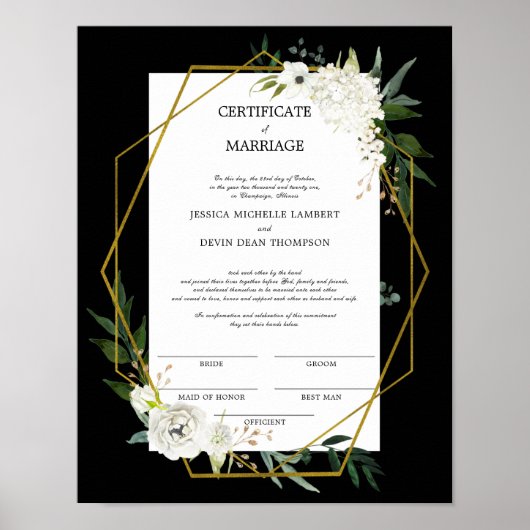 White Floral Gold Hochzeitserklärung Poster (Vorne)
