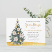 White Floral Gold Ornament Weihnachtsbaum Party Einladung (Stehend Vorderseite)