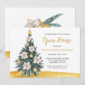 White Floral Gold Ornament Weihnachtsbaum Party Einladung (Vorne/Hinten)