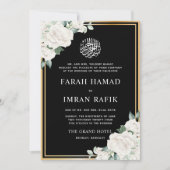 White Floral Gold Rahmen Schwarze muslimische Hoch Einladung (Vorderseite)