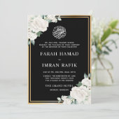 White Floral Gold Rahmen Schwarze muslimische Hoch Einladung (Stehend Vorderseite)