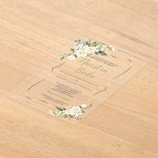 White Floral Gold Spanische Nuestra Boda Calligrap Acryleinladungen (Ablage )