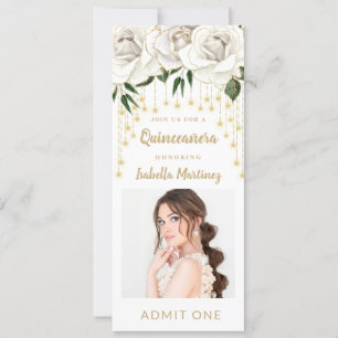 White Floral Gold String Light Quinceañera Ticket Einladung