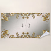 White Floral Gold Verziert Beach Handtuch (Vorderseite)
