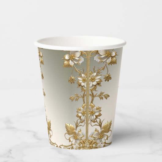 White Floral Gold Verziert Paper Cup Pappbecher (Vorderseite)