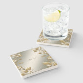 White Floral Gold Verziert Stone Untersetzer (Seitenansicht)