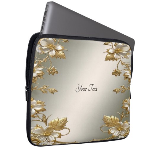 White Floral Gold Verzierter Laptop-Sieb Laptopschutzhülle (Vorne Rechts)