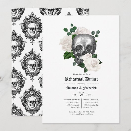 White Floral Gothic Hochzeit Probe Dinner Einladung (Vorne/Hinten)
