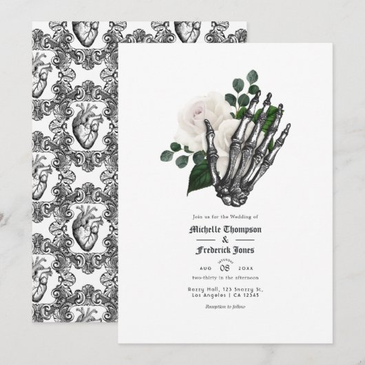 White Floral Gothic Wedding Einladung (Vorne/Hinten)