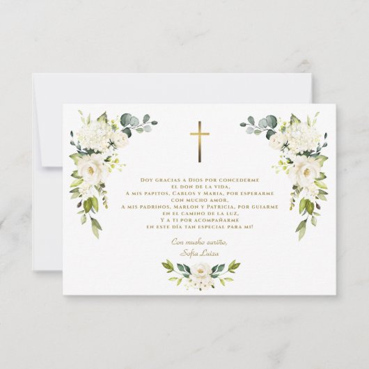 White Floral Gracias Con Oración Bautizo Dankeskarte (Vorderseite)