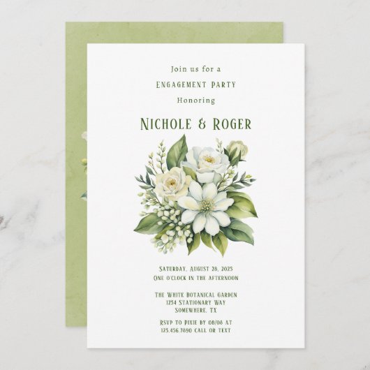 White Floral Green Painted Engagement Party Einladung (Vorne/Hinten)