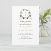 White Floral Greenery Ivy Monogram Wappen Wedding Einladung (Stehend Vorderseite)