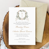 White Floral Greenery Ivy Monogram Wappen Wedding Einladung