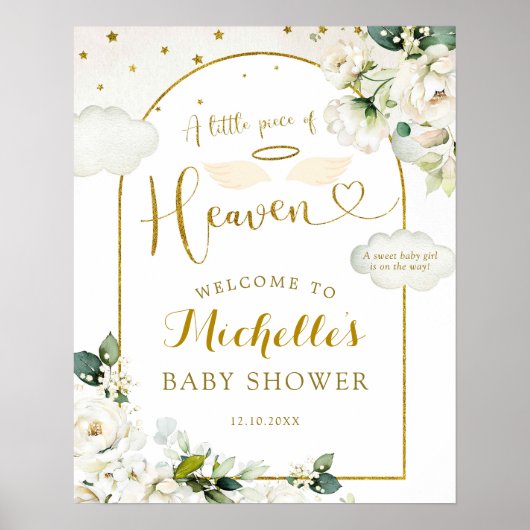 White Floral Heaven Baby Dusche Begrüßungszeichen Poster (Vorne)