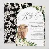 White Floral Highland Cow Baby Dusche Einladung (Vorne/Hinten)