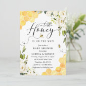 White Floral Honey Bee Baby Dusche Einladung (Stehend Vorderseite)