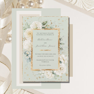 White Floral Hydrangea Rose Gold Green Wedding Einladung