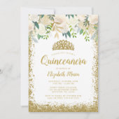 White Floral Imitate Gold Glitzer Tiara Quinceaner Einladung (Vorderseite)