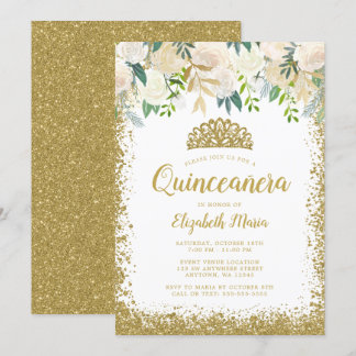 White Floral Imitate Gold Glitzer Tiara Quinceaner Einladung