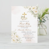White Floral Ivory First Holy Communion  Einladung (Stehend Vorderseite)