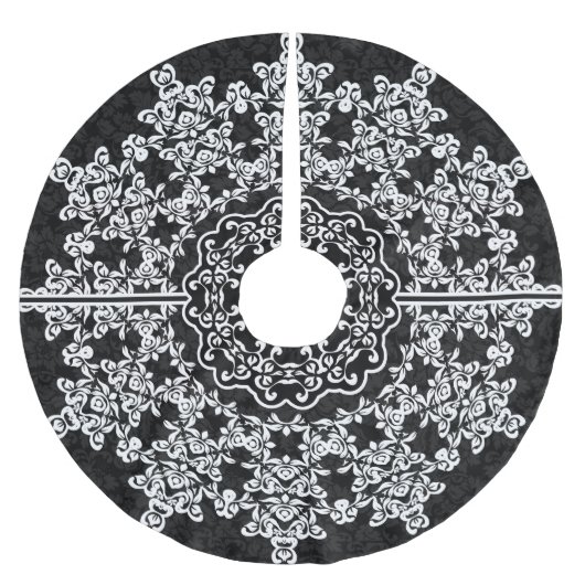 White Floral Lace Black Damask Polyester Weihnachtsbaumdecke (Vorderseite)