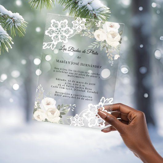 White Floral Lace Invitación Bodas de Plata Acryleinladungen