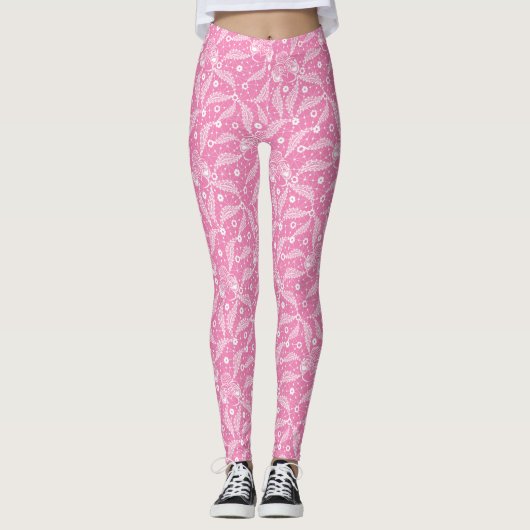 White floral lace on pink background leggings (Vorderseite)