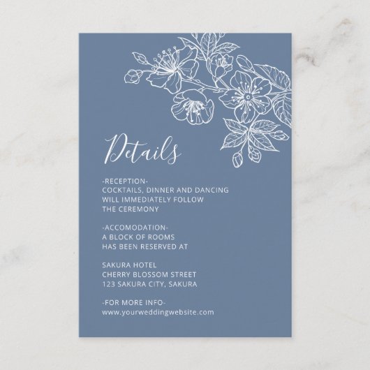 White Floral Line Art Dusty Blue Wedding Begleitkarte (Vorderseite)