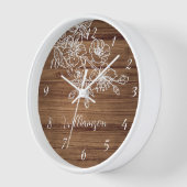 White Floral Line Art Holz Hintergrund Monogramm Uhr (Winkel)