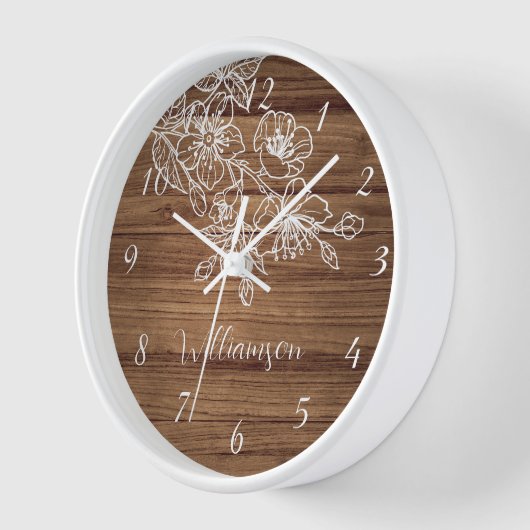 White Floral Line Art Holz Hintergrund Monogramm Uhr (Winkel)