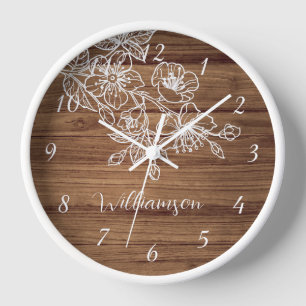 White Floral Line Art Holz Hintergrund Monogramm Uhr