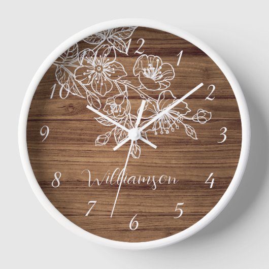 White Floral Line Art Holz Hintergrund Monogramm Uhr (Vorderseite)