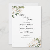 White Floral Magnolias Greenerity QR Code Wedding Save The Date (Vorderseite)