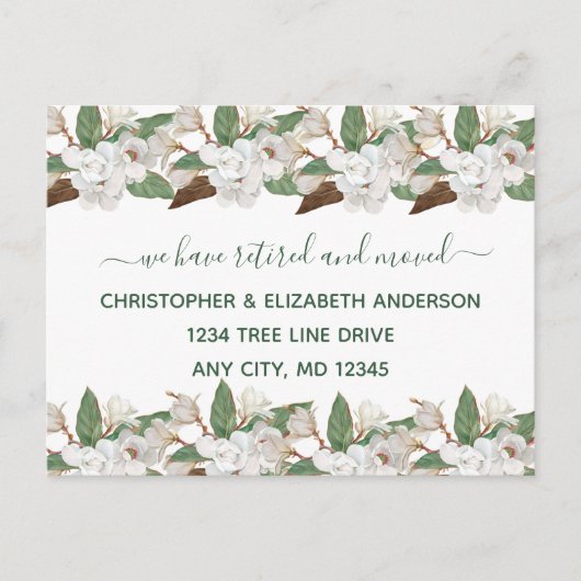 White Floral Magnolias Script Moving Rentirement Ankündigungspostkarte (Vorderseite)