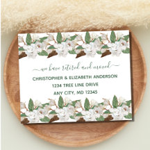 White Floral Magnolias Script Moving Rentirement