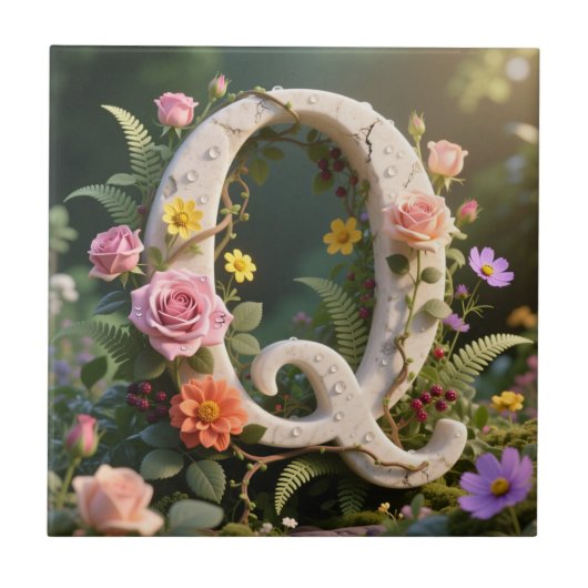 White Floral Marble Monogram Letter Q Fliese (Vorderseite)