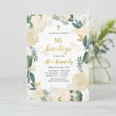 White Floral Mi Bautizo Spanien Einladung (Stehend Vorderseite)