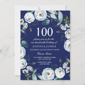 White Floral Navy Blau 100. Geburtstag Einladung