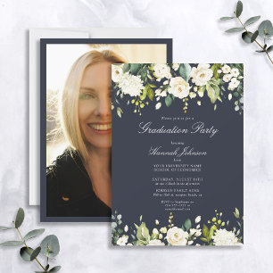 White Floral Navy Blue Foto Graduation Party Einladung